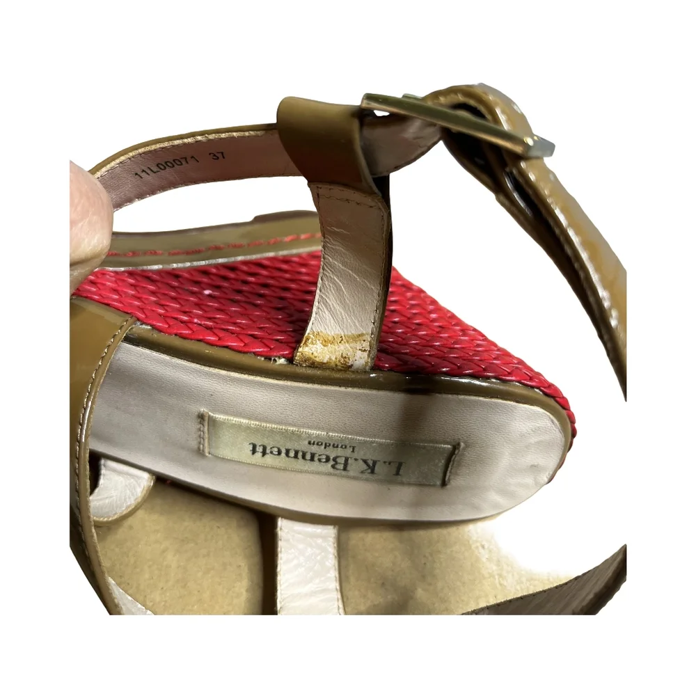 L.K‎ Bennett Patent Leather Red and Brown Wedge Sandals Size: 37